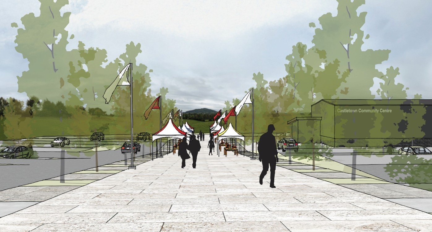 Architect's impression of the planned Castletown Community Centre — a paved plaza with market stalls and flags leading to the new building