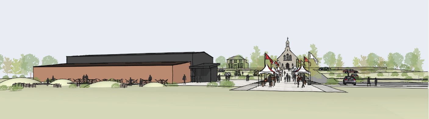 Wide architect's impression of the community centre and grounds beside Castletown village