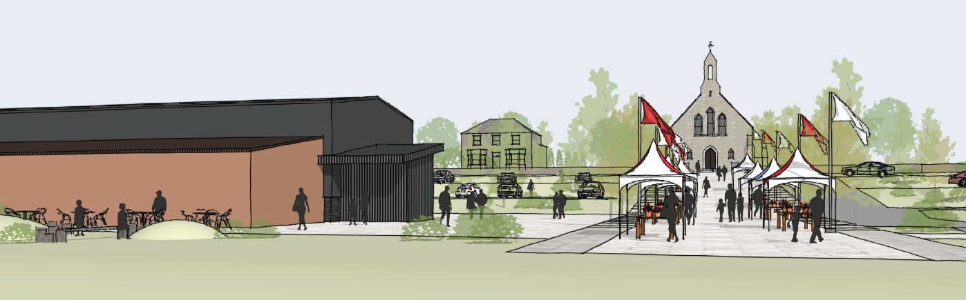 Architect's impression — the new community centre building beside Castletown church, with market stalls on the plaza